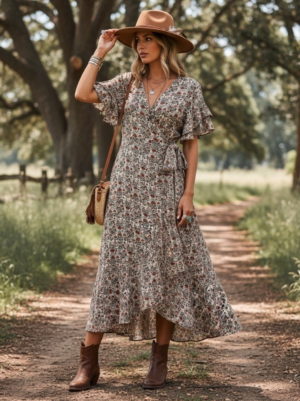 NWT Max Studio Brown and Cream Floral Wrap Maxi Dress Size Large